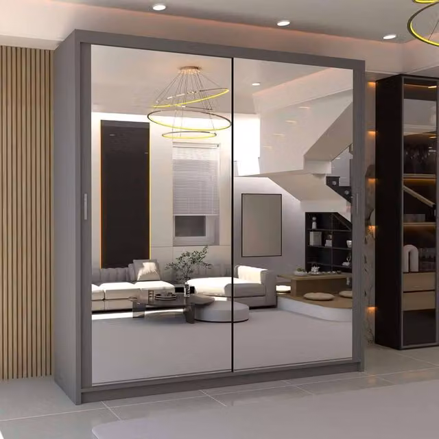 MN Furniture Modern Grey Double Mirror Sliding Door Wardrobe W: 120 cm, H: 217 cm – 1
