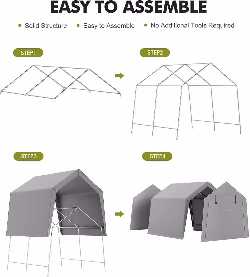 London Boutique Grey Metal Garden Storage Shed and Motorbike Shelter with Roll-Up Zipper Door and Gable Roof – 6