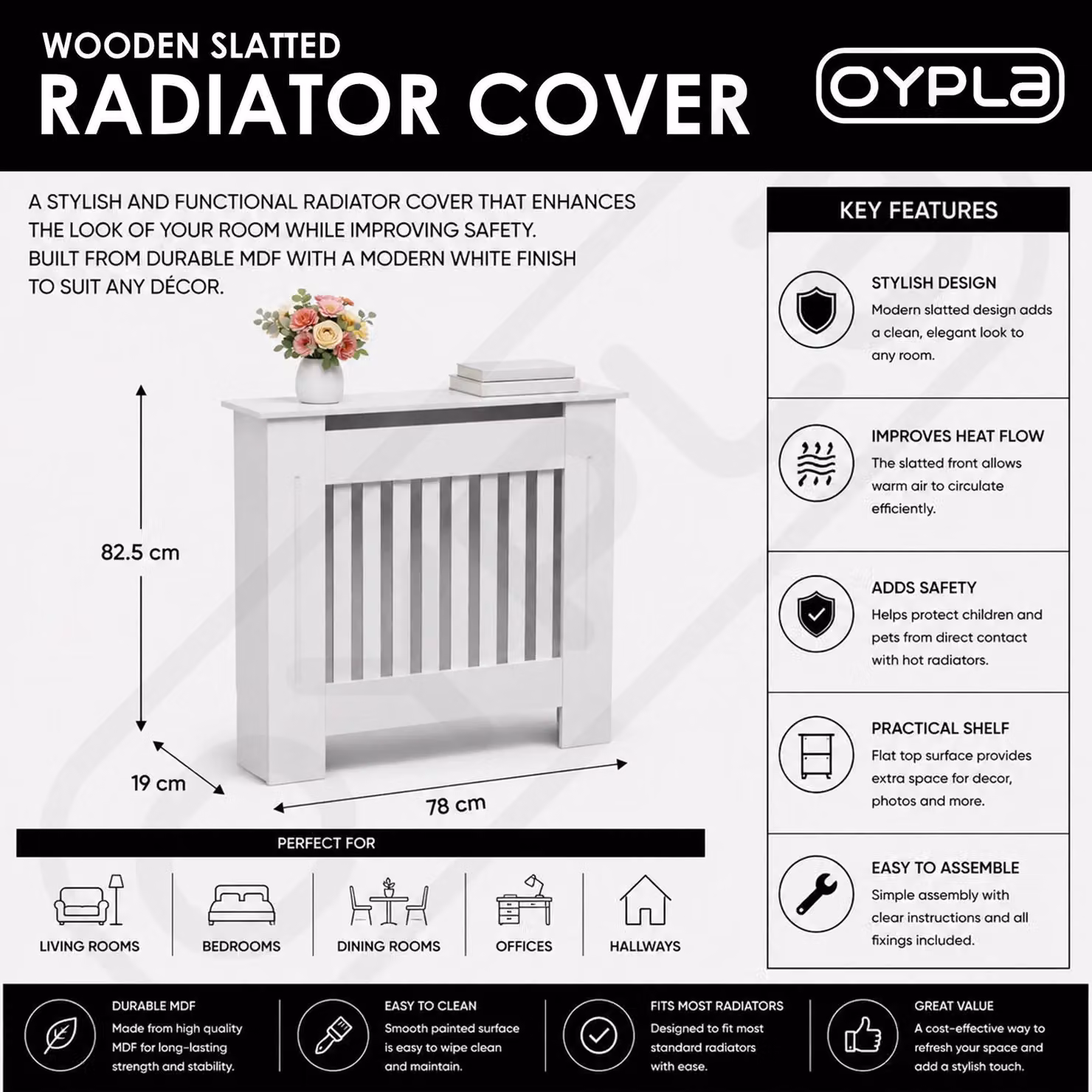 Oypla Small Wooden Slatted MDF Radiator Cover Cabinet in White – 2