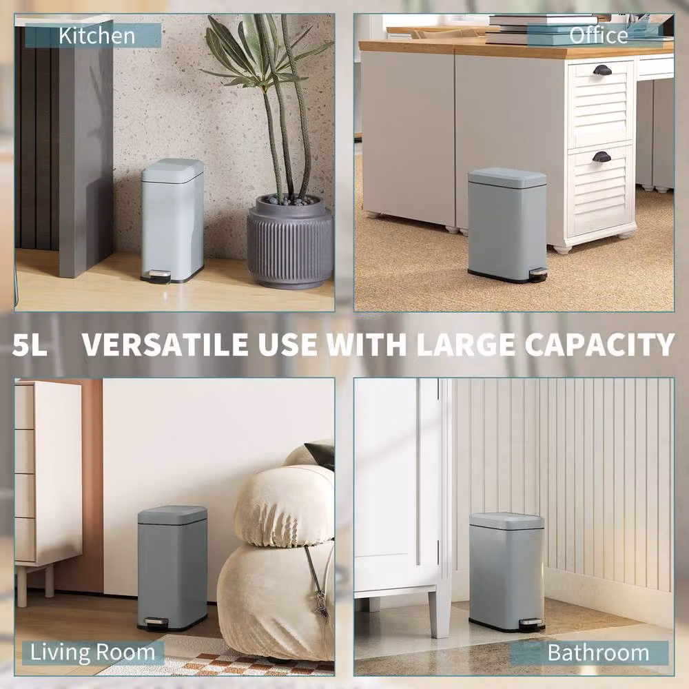 STILVORA 5L Grey Steel Pedal Bin with Soft-Close Lid and Removable Inner Bucket – 5