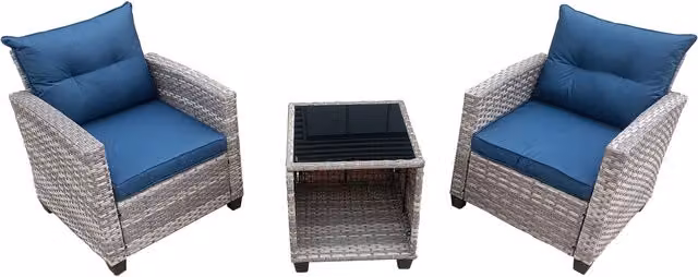 FURNITURE ONE 3 Piece Outdoor PE Rattan Bistro Set with Tempered Glass Top Coffee Table in Natural – 1