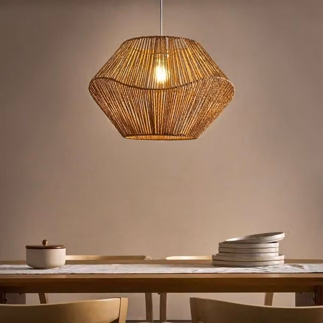 Wyld and Coco Beige Boho Pendant Lamp with Handwoven Paper and Metal Shade – 1