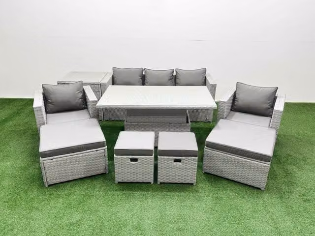 Fimous 9 Piece Rattan Dining Set with 3 Seater Sofa and Rising Table in Light Grey