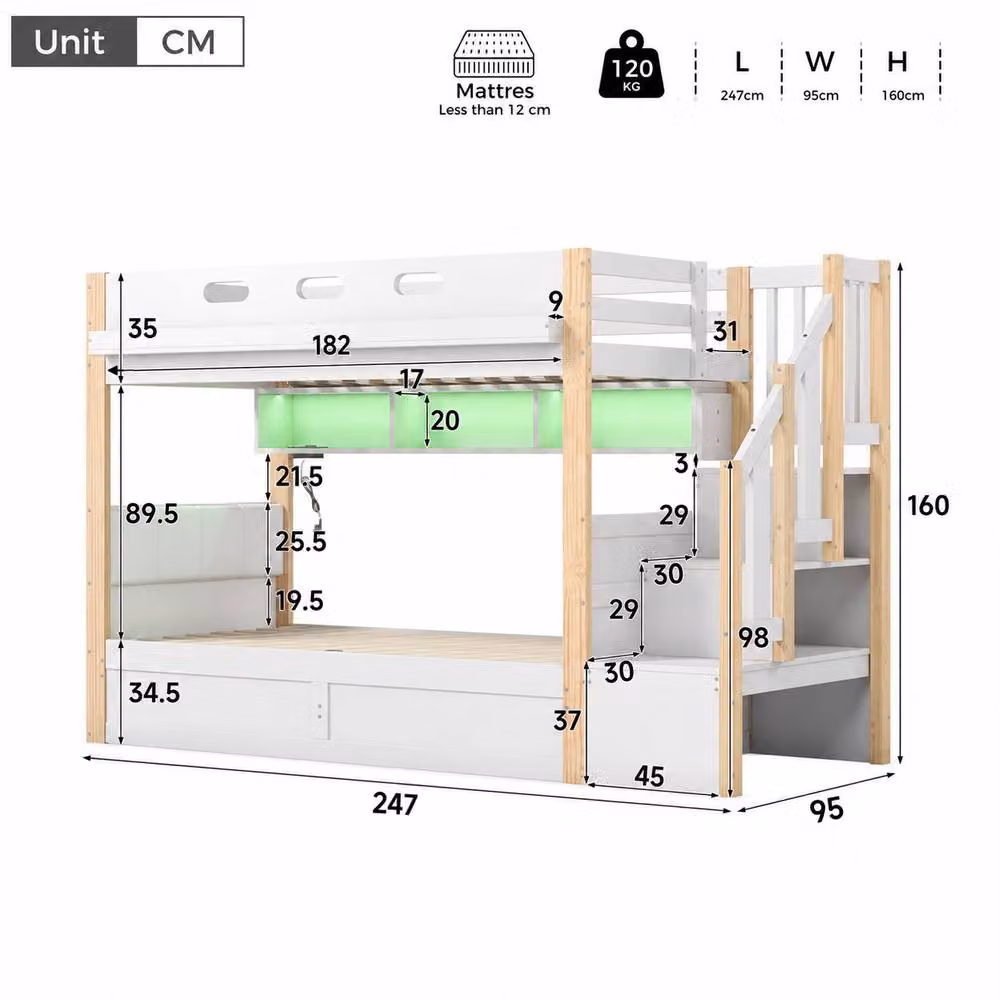 Merax White Modern Childrens Bunk Bed Frame with Stairs, Lift Up Storage, Under Bed Lighting and USB Charging Port, H 247 x W 160 x D 190 cm – 2