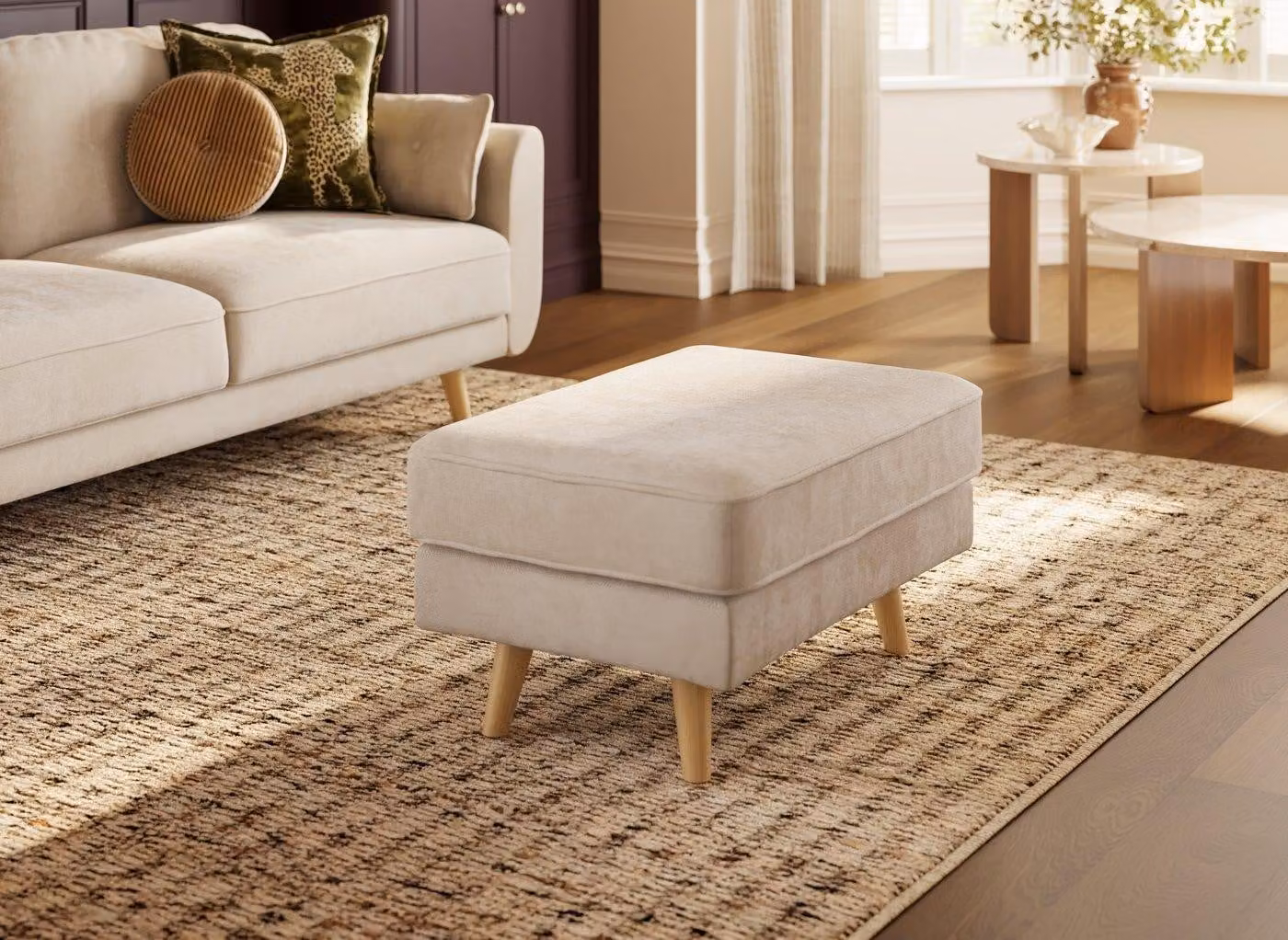 Dreams Ballymena Ottoman Stool in Beige Fabric with Rubberwood Frame