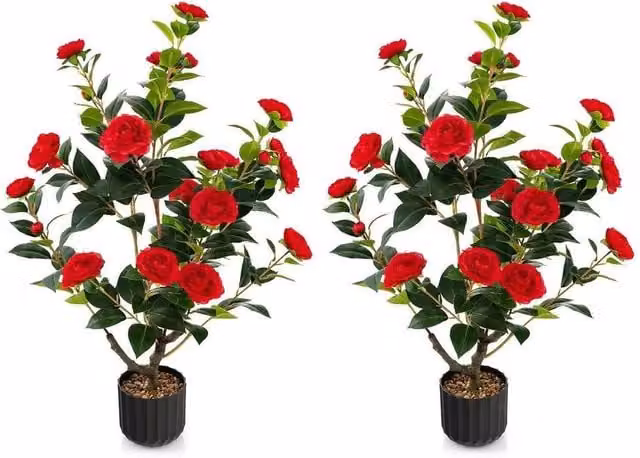 PAWNORA 2 Pack Red Floral Artificial Tabletop Trees with Green Leaves – 1