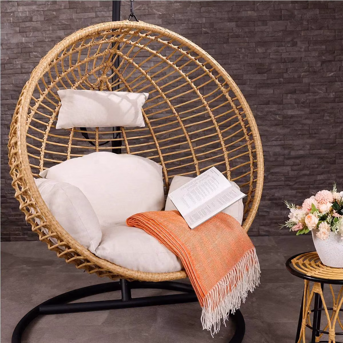 Charles Bentley Single Hanging Swing Chair in Beige with Black Frame and Rattan Weave, H 198 cm x W 104 cm x D 104 cm – 2