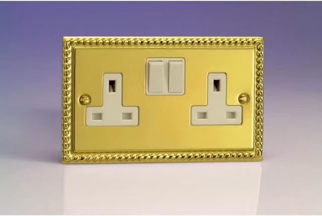Varilight 2-Gang 13A Switched Flush Socket in Georgian Brass and White, H x W x D: 95 x 155 x 31 mm – 5