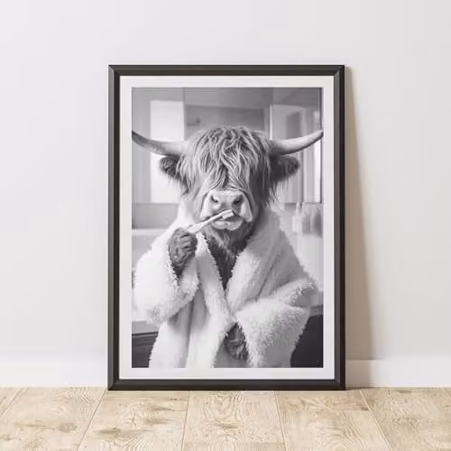 60 Second Makeover Highland Cow Brushing Teeth Animal Print Paper Poster, A4