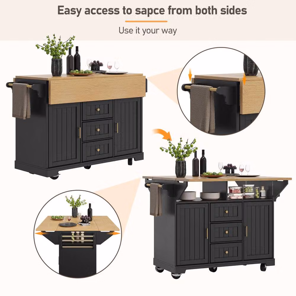 Rolipo Extendable Kitchen Island Trolley with Drop Leaf Storage in Black – 5
