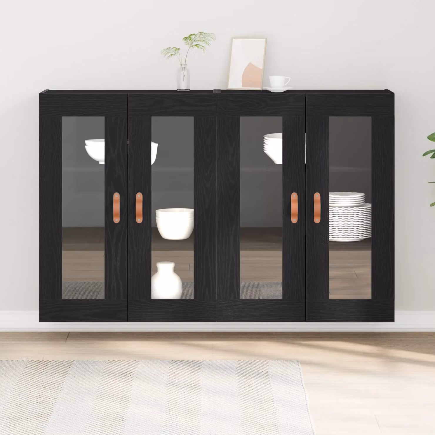 Berkfield Home Set of 2 Modern Wall Mounted Dining Room Cabinets in Black Oak with Glass Doors – 3