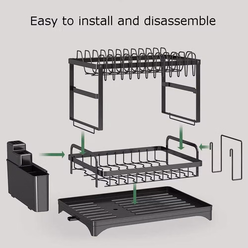 EONLION 2 Tier Dish Drainer Rack with Drip Tray and Cutlery Holder, Black – 5