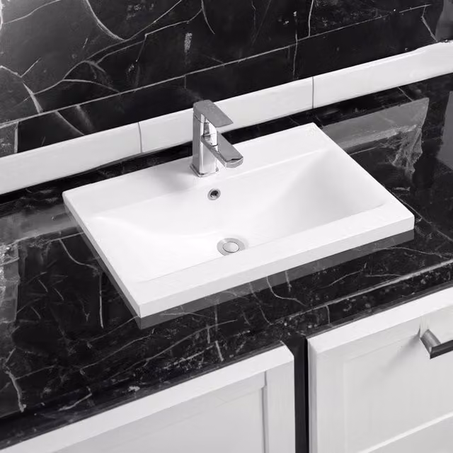 Limoge 5004 Ceramic Mid-Edge Inset Rectangular Countertop Basin with Dipped Bowl in White W/D/H: 60 x 40 x 18 cm – 1