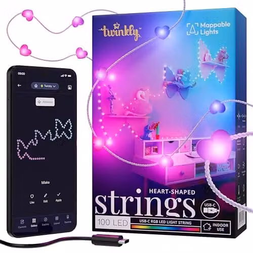 Twinkly Heart-Shaped RGB Multicolour LED String Lights with 100 Mappable LEDs, USB-C Powered, 6m Length – 1