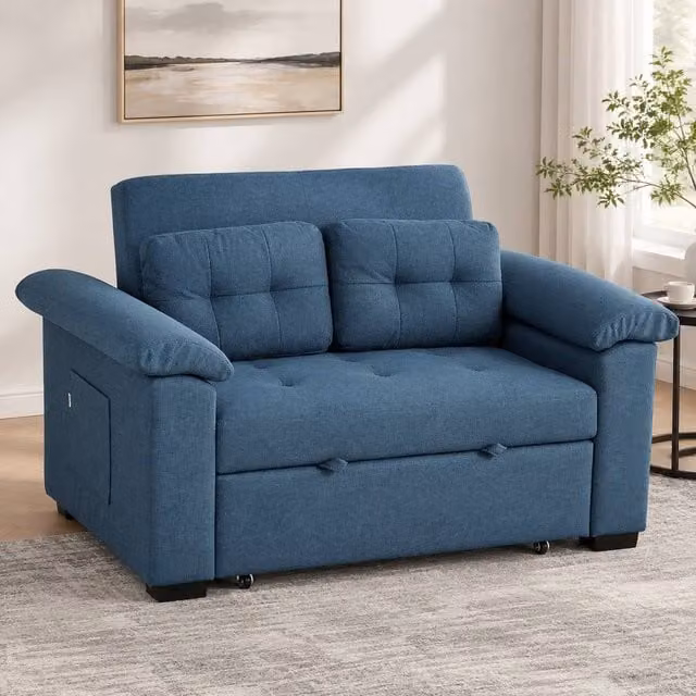 STILVORA 2 Seater Sofa Bed in Blue with Adjustable Headrest and Pull Out Frame