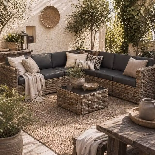 Wyld Haus Lofa 6 Seater Outdoor Rattan Corner Sofa Set in Mixed Brown with Cushions – 1