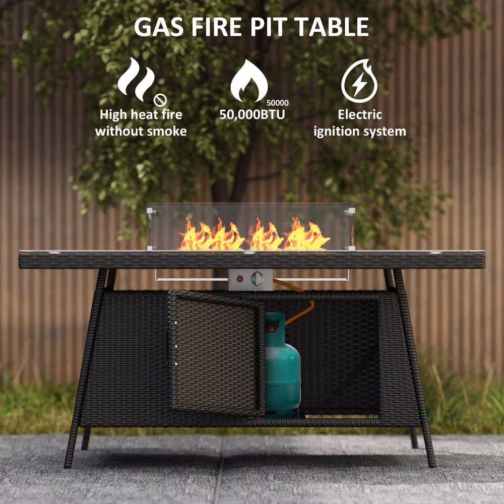 STILVORA Modern Outdoor Dining Set with Black Fire Pit Table and 7 Chairs – 7