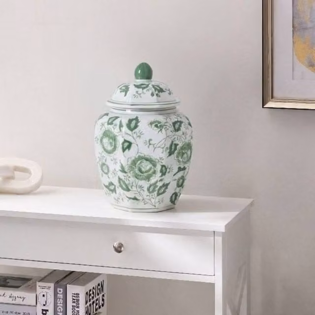 Wyld and Coco Heritage Porcelain Lidded Ginger Jar Vase in White and Sage Green Floral