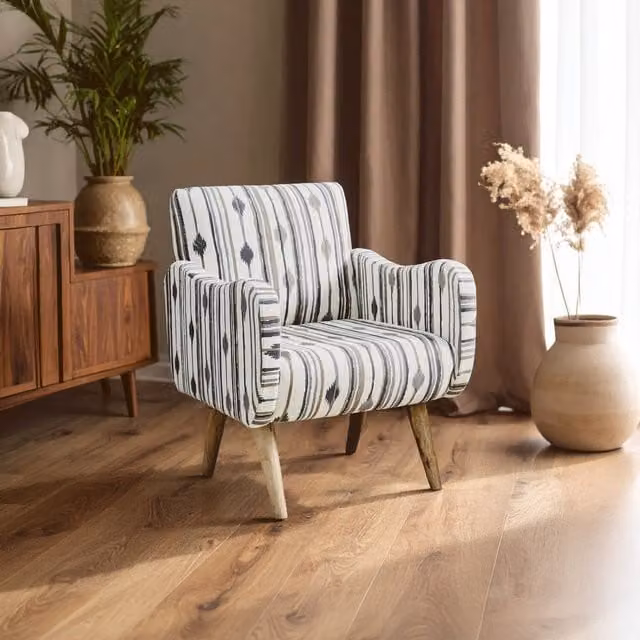 Cefena Mid-Century Striped Fabric Chair with Straight Arms and Mango Wood Frame in Black and White