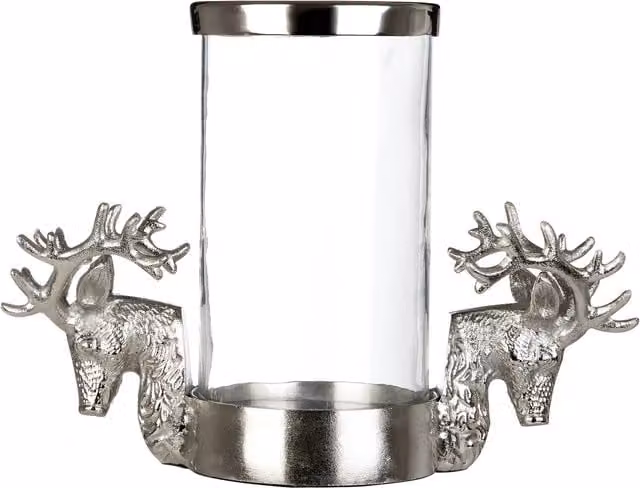 Orsina Stag Head Design Hurricane Candle Holder in Silver and Transparent Glass – 1