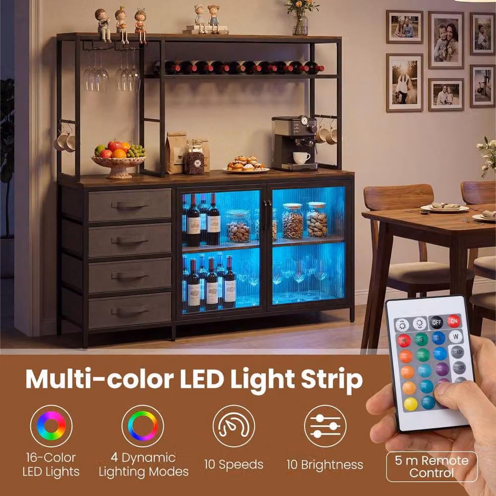 Costway Brown Modern Coffee Bar Cabinet with Charging Station, LED Light, Glass Doors and Bottle Rack – 4