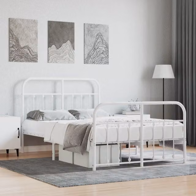 Berkfield Home Metal Bed Frame with Headboard and Footboard in White, W/D/H: 120 x 200 cm