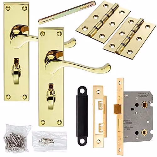 Loops Brass Victorian Scroll Door Handle and Bathroom Lock Pack with Matching Hinges and Thumb Turn for Interior Doors