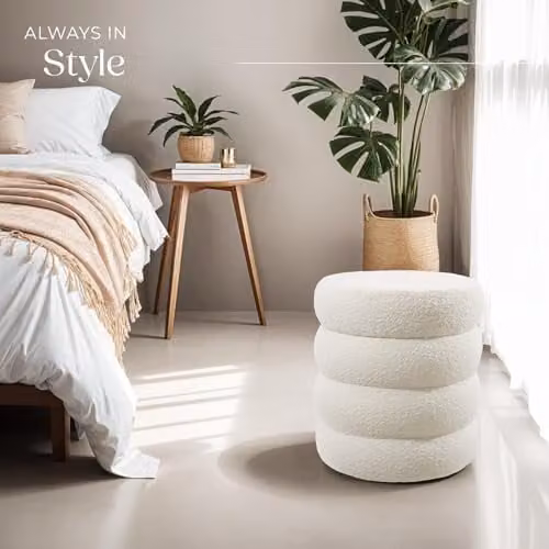 tectake Scandinavian Style Storage Ottoman with Soft Bouclé Cover and Padded Seat, Beige/White, W/D/H: 47 x 47 x 42 cm – 4