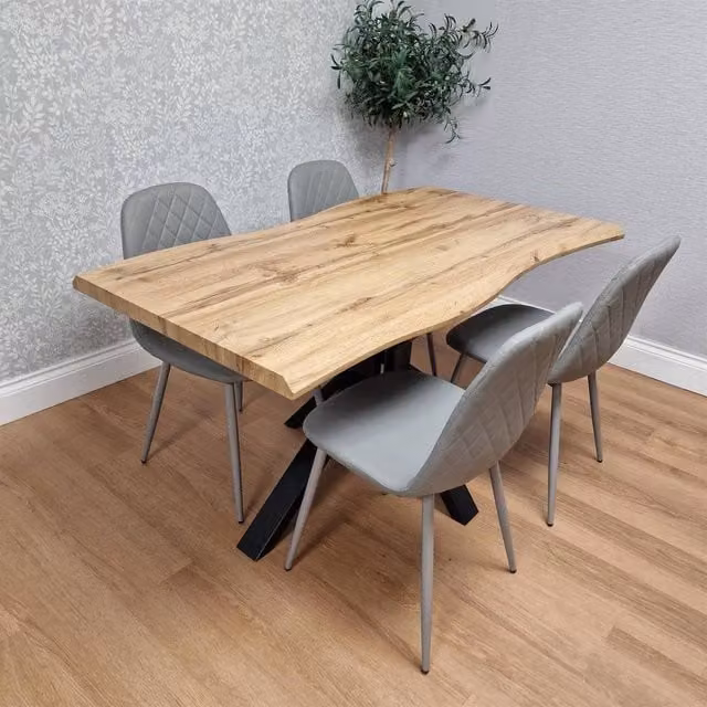 KOSY KOALA Industrial Dining Set with Rectangular Wood Table and 4 Grey Gem Pattern Faux Leather Chairs, Brown