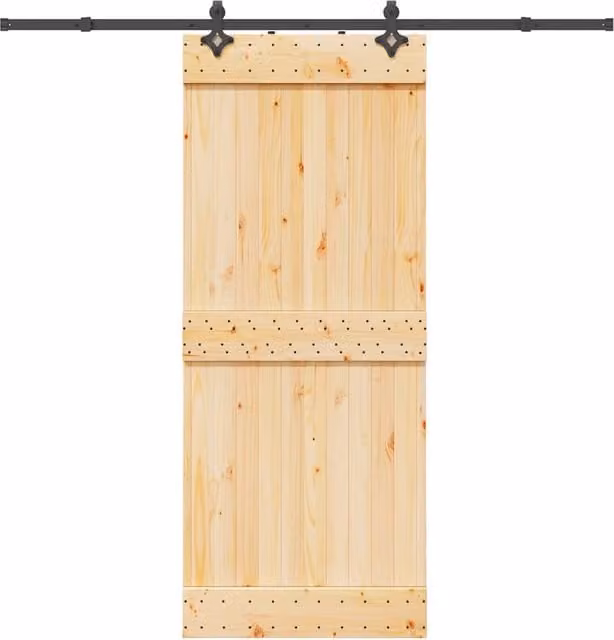 Berkfield Home Rustic Solid Wood Pine Sliding Door with Hardware Set in Brown, W: 85 cm, H: 210 cm