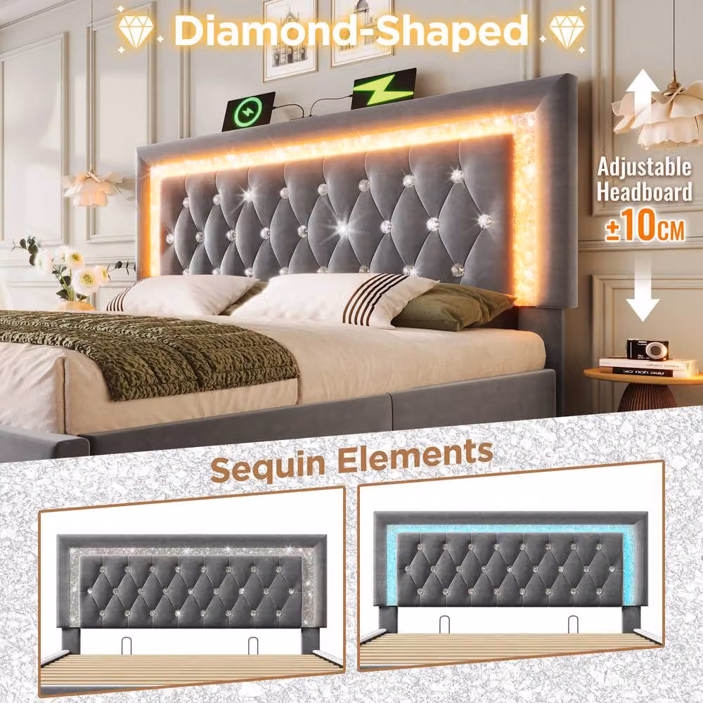 Matteo Grey King Size Velvet Upholstered Bed with LED Lighting and USB Charging Ports, W/D/H: 150 x 200 cm – 3