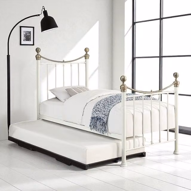 OAT Home Hampstead Traditional Single Metal Bed Frame with Guest Trundle in White