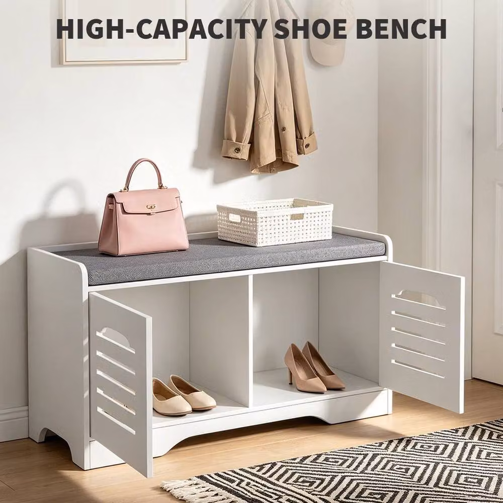 KORVIXA 2 Door Footwear Stand Rack in White with Integrated Seat and Ventilation, W/D/H: 90 x 32 x 90 cm – 3