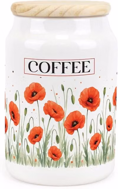 Purely Home Summer Poppies Ceramic Coffee Storage Canister, Airtight, Red Floral Design