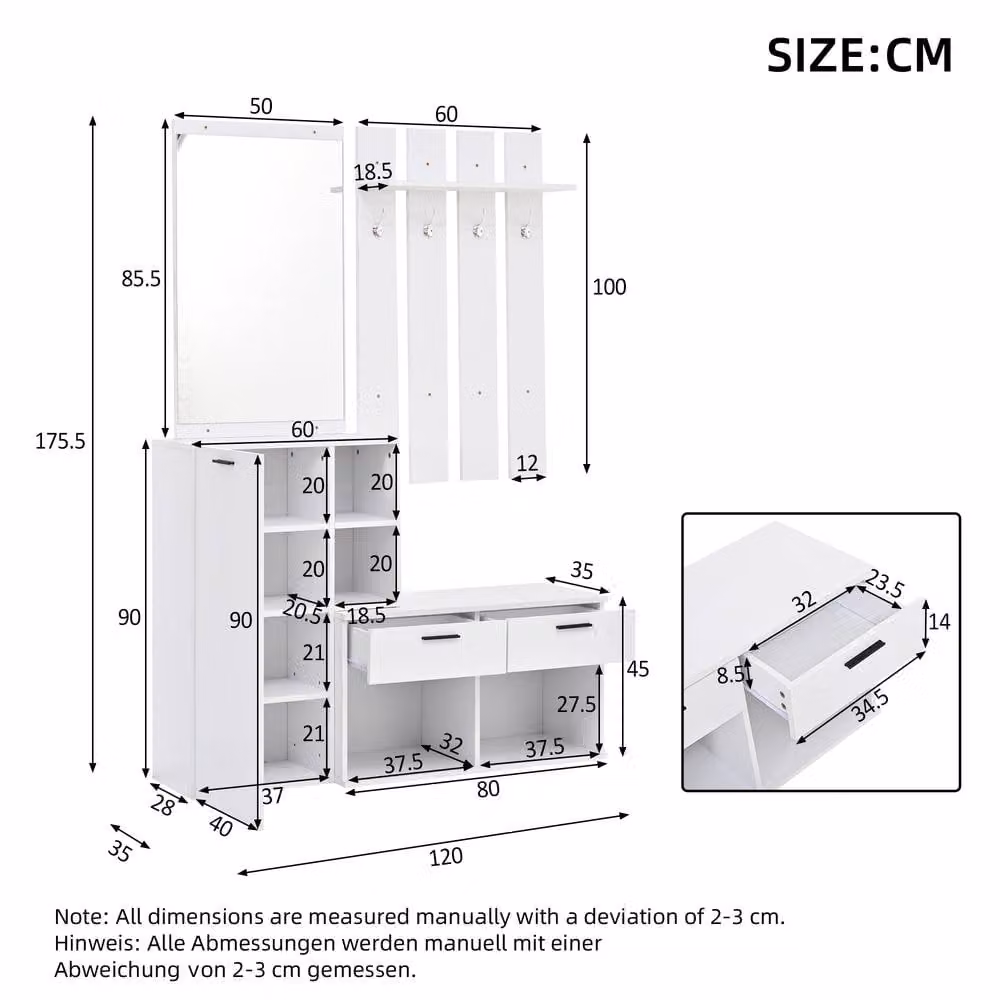 Merax Modern White Hallway Furniture Set with Mirror and Shoe Cabinet, H 175.5 x W 120 x D 35 cm – 2