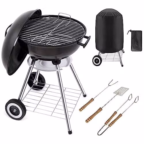 Gr8 Garden Portable 18 inch Black Charcoal Kettle BBQ Grill with Cover and Wheels – 1