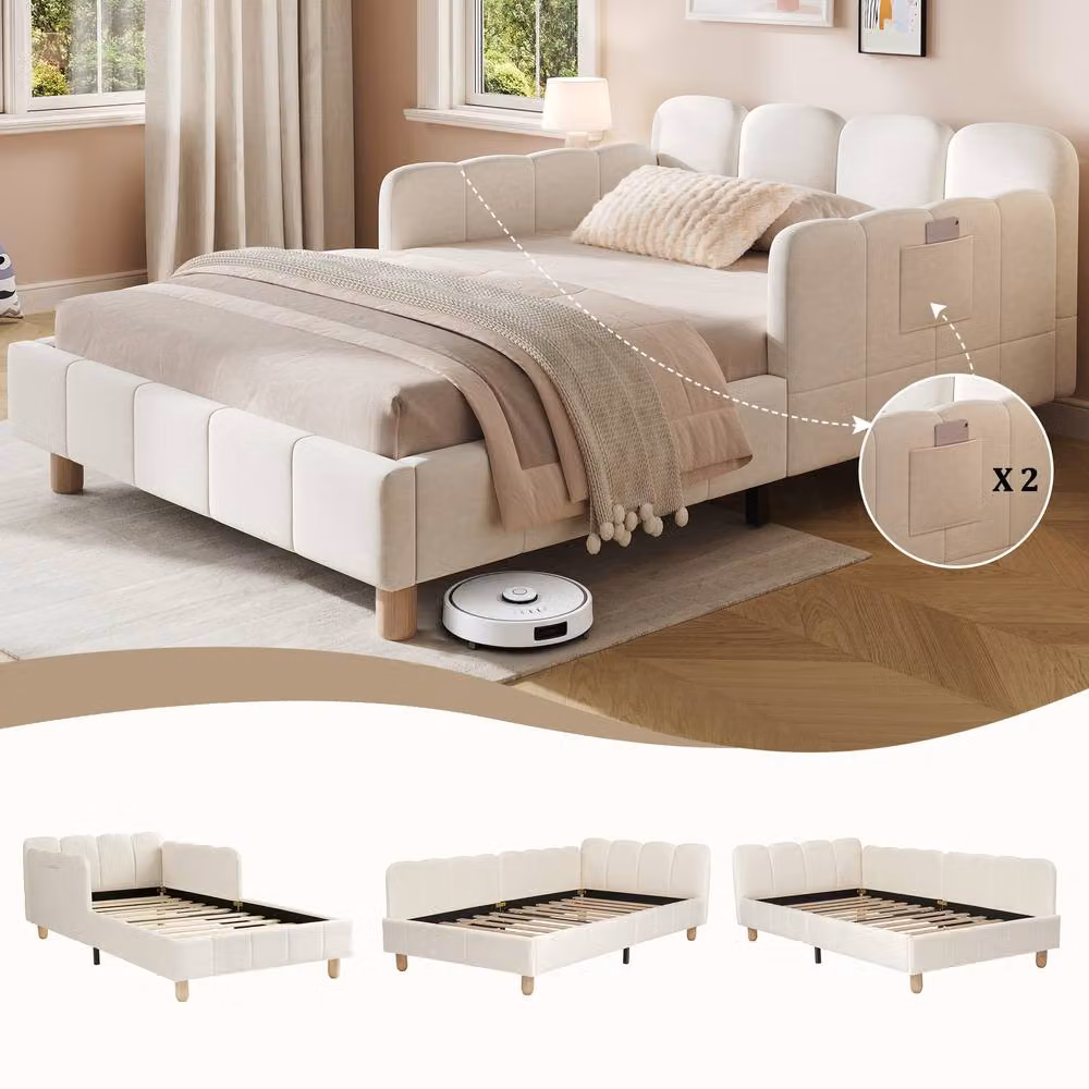 Merax Velvet Single Corner Daybed in Beige with Side Storage Pockets, W/D/H: 190 x 90 x 28 cm – 2