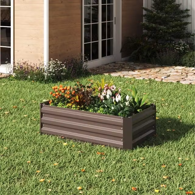 Livingandhome Brown Metal Square Raised Garden Bed for Herbs and Vegetables