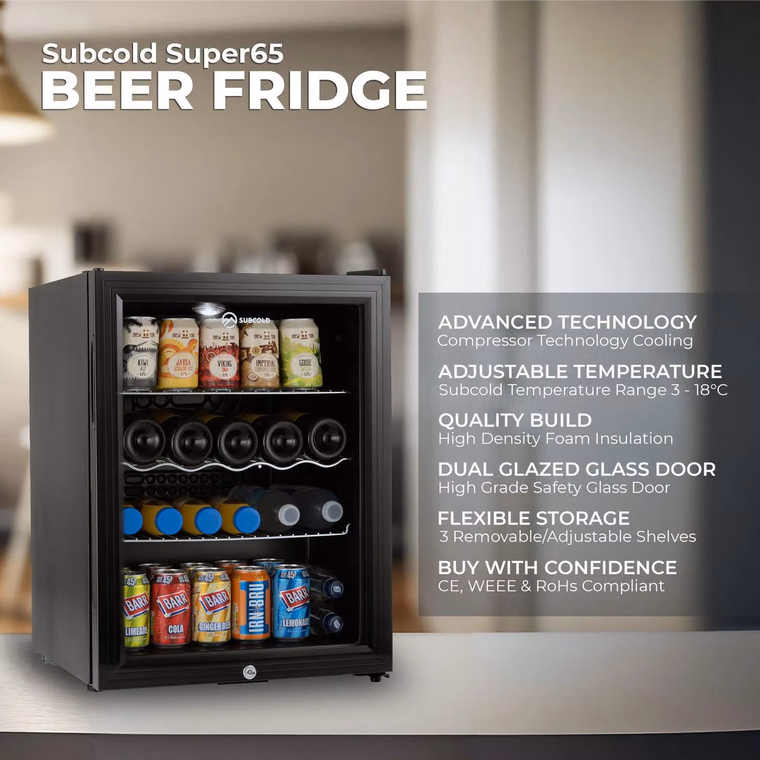 Subcold Super 65 LED Beer Fridge in Black, Freestanding Compressor Model with Lockable Glass Door, W/D/H: 60 x 60 x 123.5 cm – 5