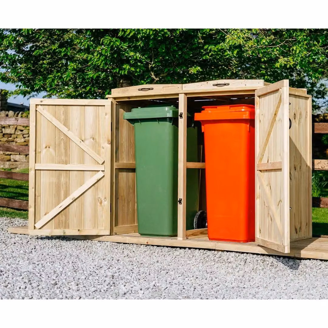 Buttercup Farm Chatburn Double Wheelie Bin Store in Brown Timber, Fits 2 x 360L Bins, W: 145 cm, D: 76 cm, H: 125 cm – 2