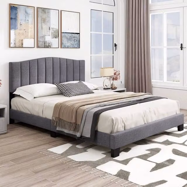 KORVIXA Modern Upholstered Double Platform Bed Frame in Grey, W/D/H: 140 x 200 cm – 1