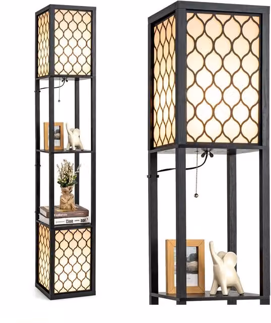 Costway Double Floor Lamp with 2-Tier Storage Shelves, Black and Wood, E27, H 156 x W 26 x D 26 cm – 1