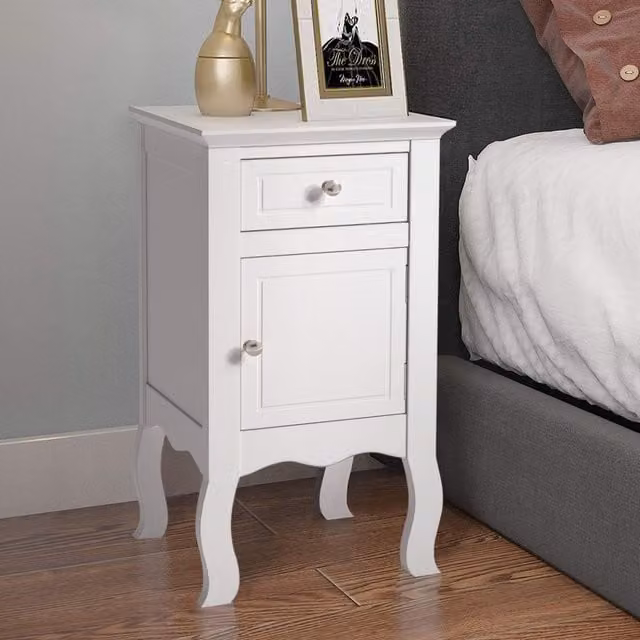Livingandhome Classic Bedside Table Nightstand with Storage Drawer in White