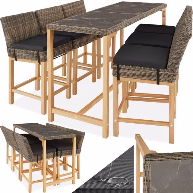 tectake Modern Polyrattan Garden Table and 7 Chairs Set with Ceramic Tabletop in Brown