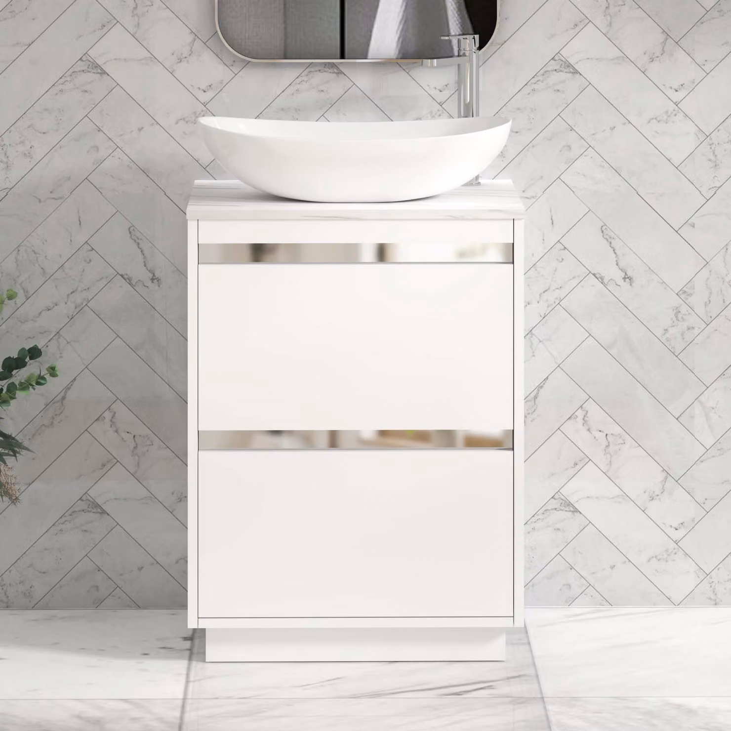 Royal Bathrooms Orion 600mm Matt White Floor Standing 2 Drawer Vanity Unit with Cesar Basin and Chrome Accent Trim
