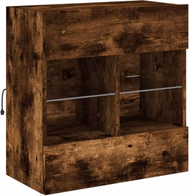 Berkfield Home TV Wall Cabinet with LED Lights in Smoked Oak Brown, W/D/H: 58.5 x 30 x 60.5 cm – 1