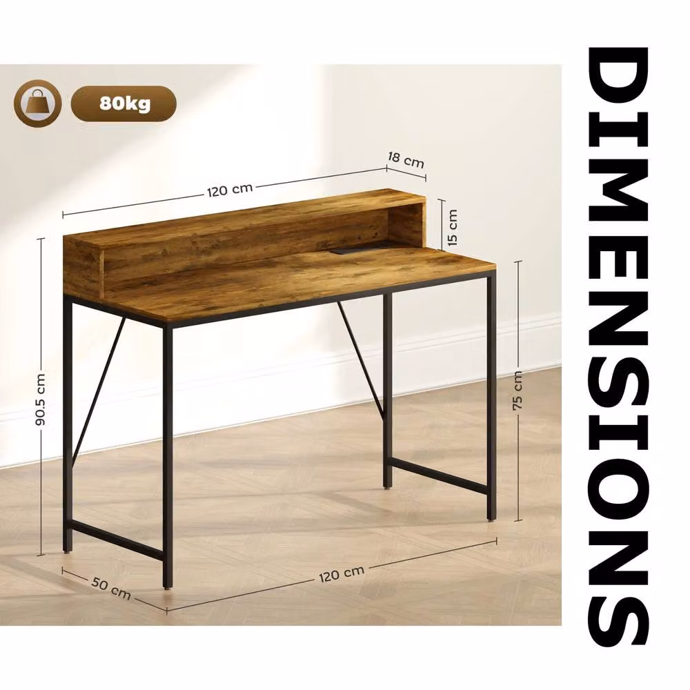 FURNOS Industrial Computer Desk with USB Outlets and LED Lights, Brown, W: 120 cm, H: 76.5 cm, D: 50 cm – 5