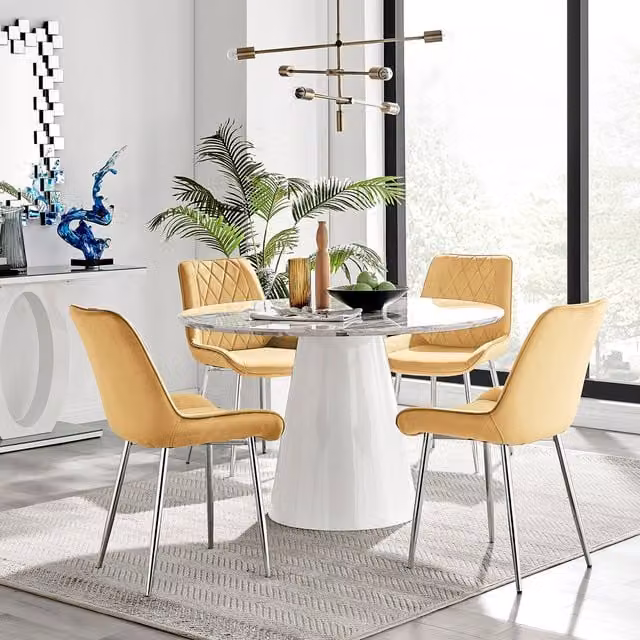 Furniturebox Palma Round White Marble Effect Dining Table and Pesaro Mustard Velvet Chairs with Silver Legs