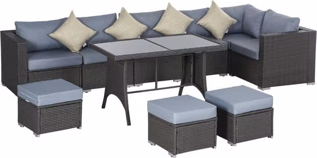 Outsunny 10-Piece Grey Rattan Corner Dining Sofa Set with Cushions and Glass Coffee Table