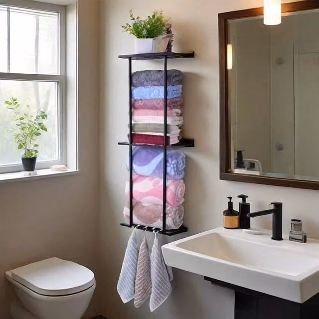 EONLION Black Metal Wall Mounted Towel Rack and Storage Shelf Holder – 1